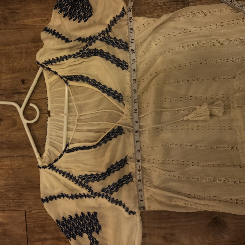 Free People Embroidered Boho Mini Dress Ivory Blue White Tassel Eyelet Small - Picture 12 of 12